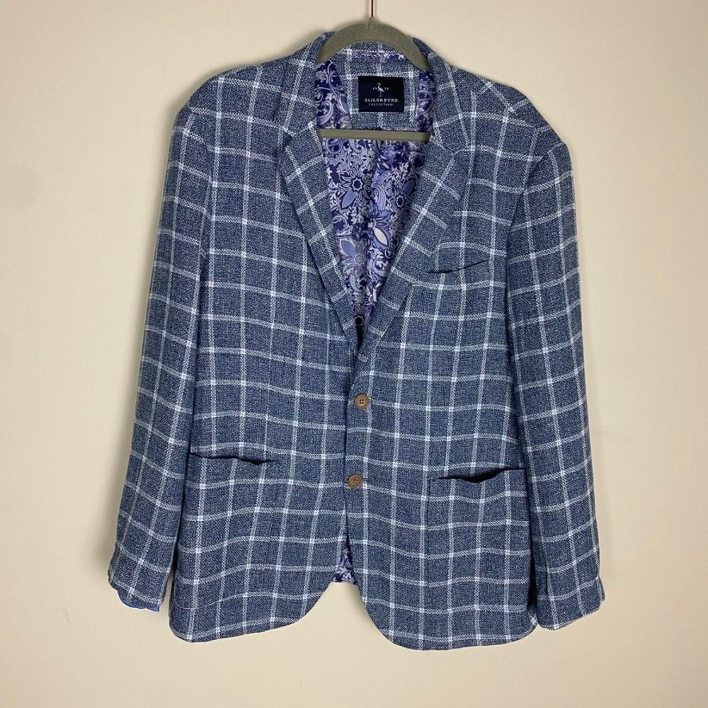 Tailorbyrd Windowpane Blazer Men 44R Linen Blend Sport Coat Suit Jacket Plaid